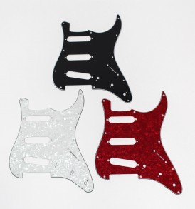 Group of 3 stratocaster pickguards - blak, white pearloid, red pearloid